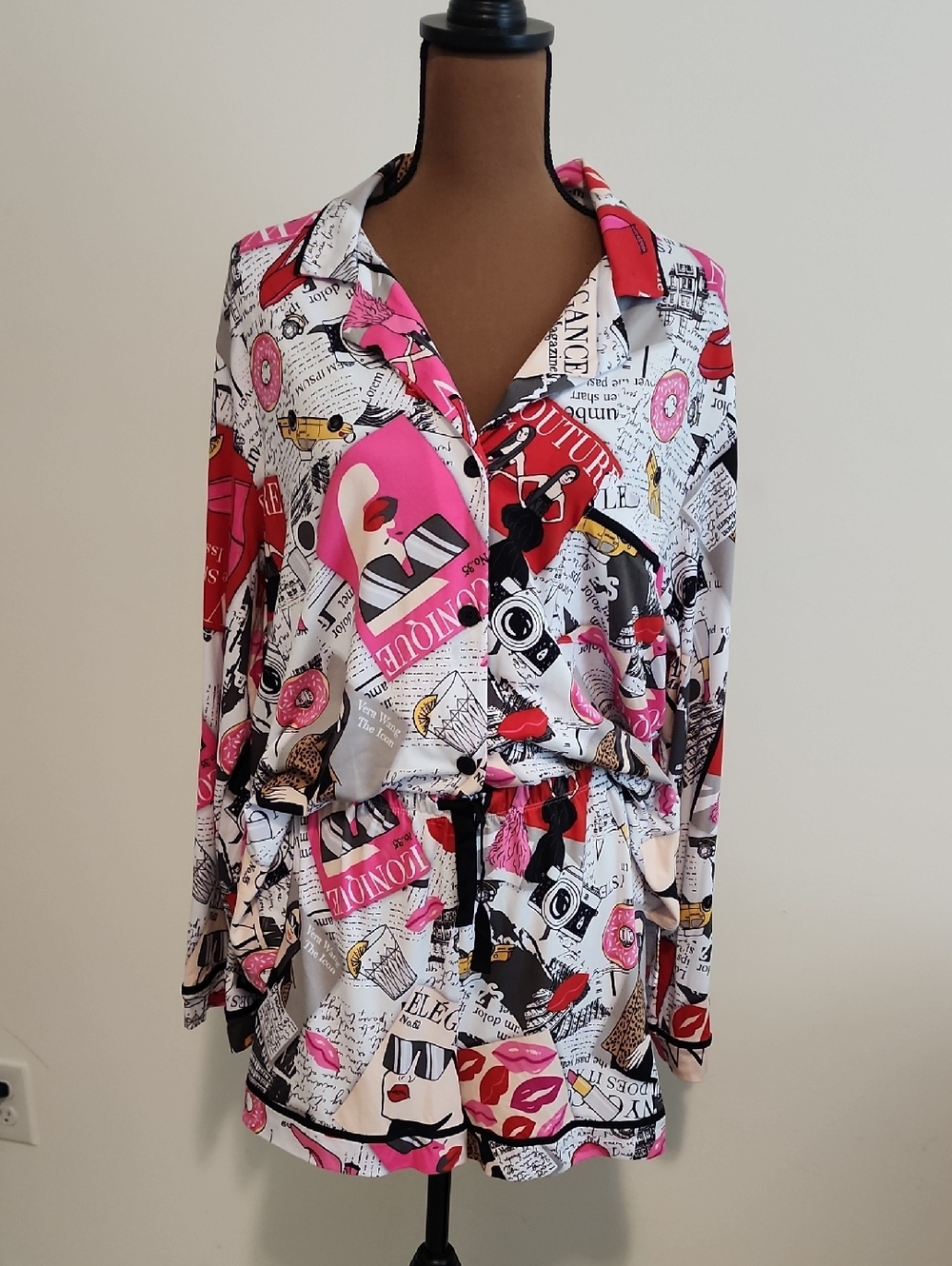 Simply Vera Vera Wang Pink White Multi-Print Pajama Long Sleeve Short Set